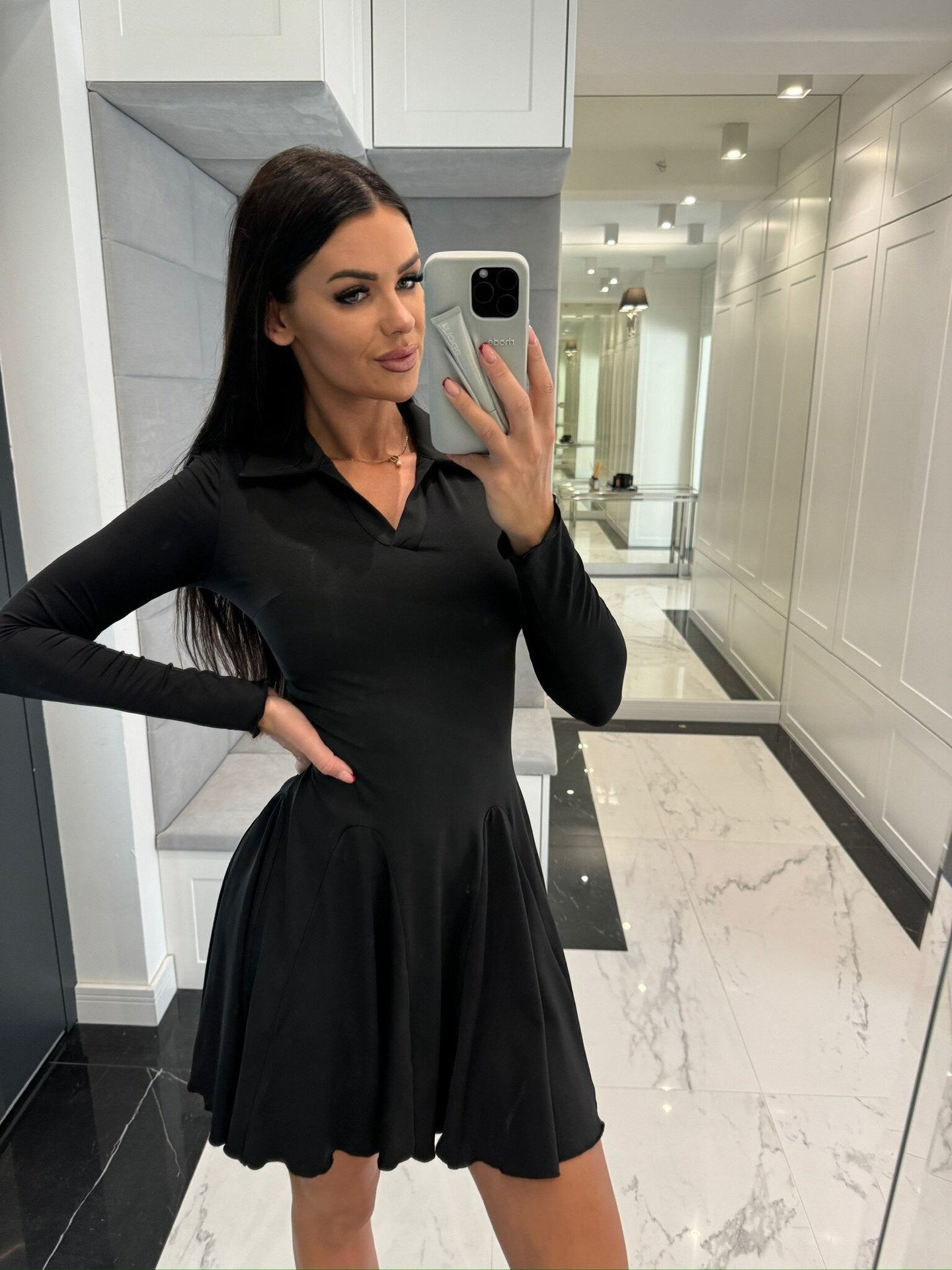 Solid Color Waist Tight Long Sleeve Lapel Dress