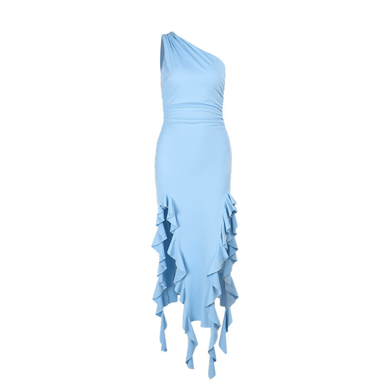 Oblique Shoulder Ruffles Split Sling Dress