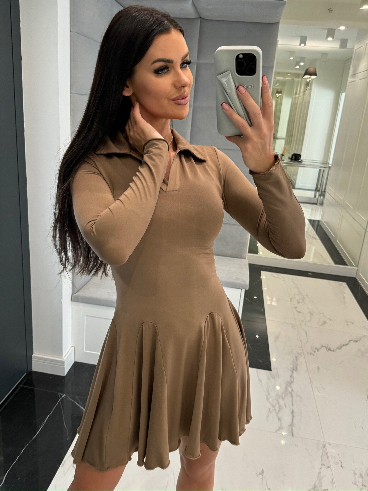 Solid Color Waist Tight Long Sleeve Lapel Dress