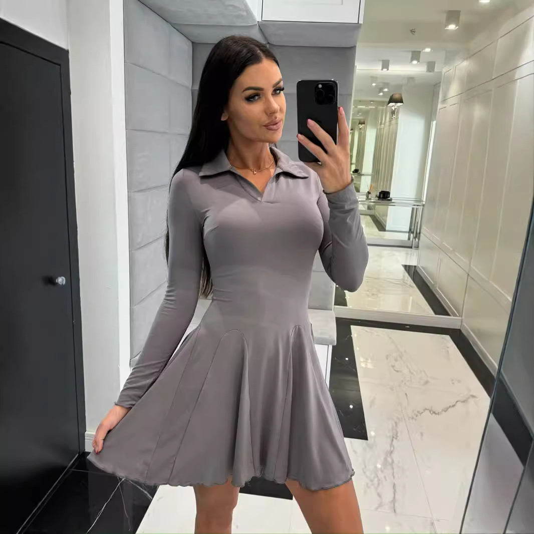 Solid Color Waist Tight Long Sleeve Lapel Dress