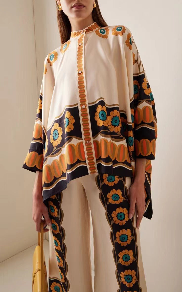 Women's Stand Collar Irregular Top Trousers Suit Two-piece Set