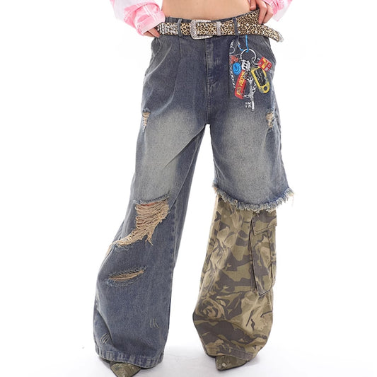 Stitched Camouflage Jeans Fake Two-piece Chain Printed Wide-leg Pants