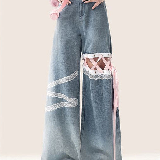 Classic Style Summer Thin Lace Lace Cut-off Jeans